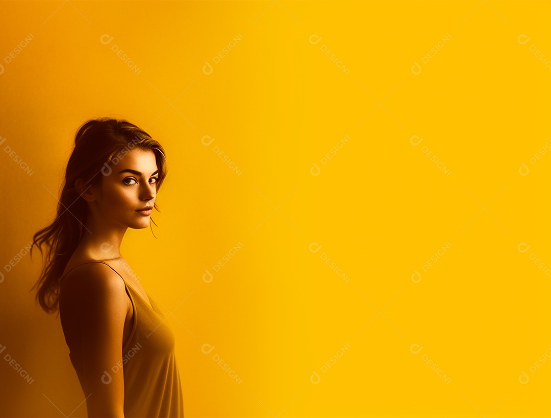 Linda mulher morena sobre um fundo isolado amarelo.