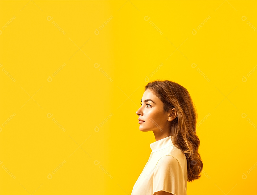 Perfil de uma mulher sobre fundo isolado amarelo.
