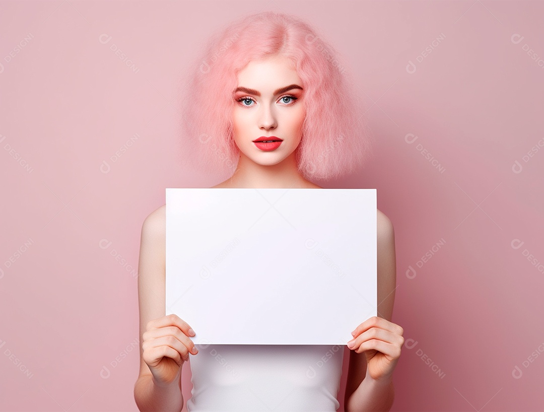 Mulher de cabelo rosa segurando cartaz em branco sobre um fundo rosa.
