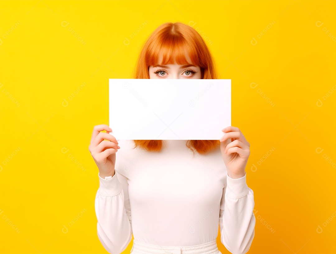 Mulher ruiva segurando um cartaz em  branco sobre fundo amarelo.