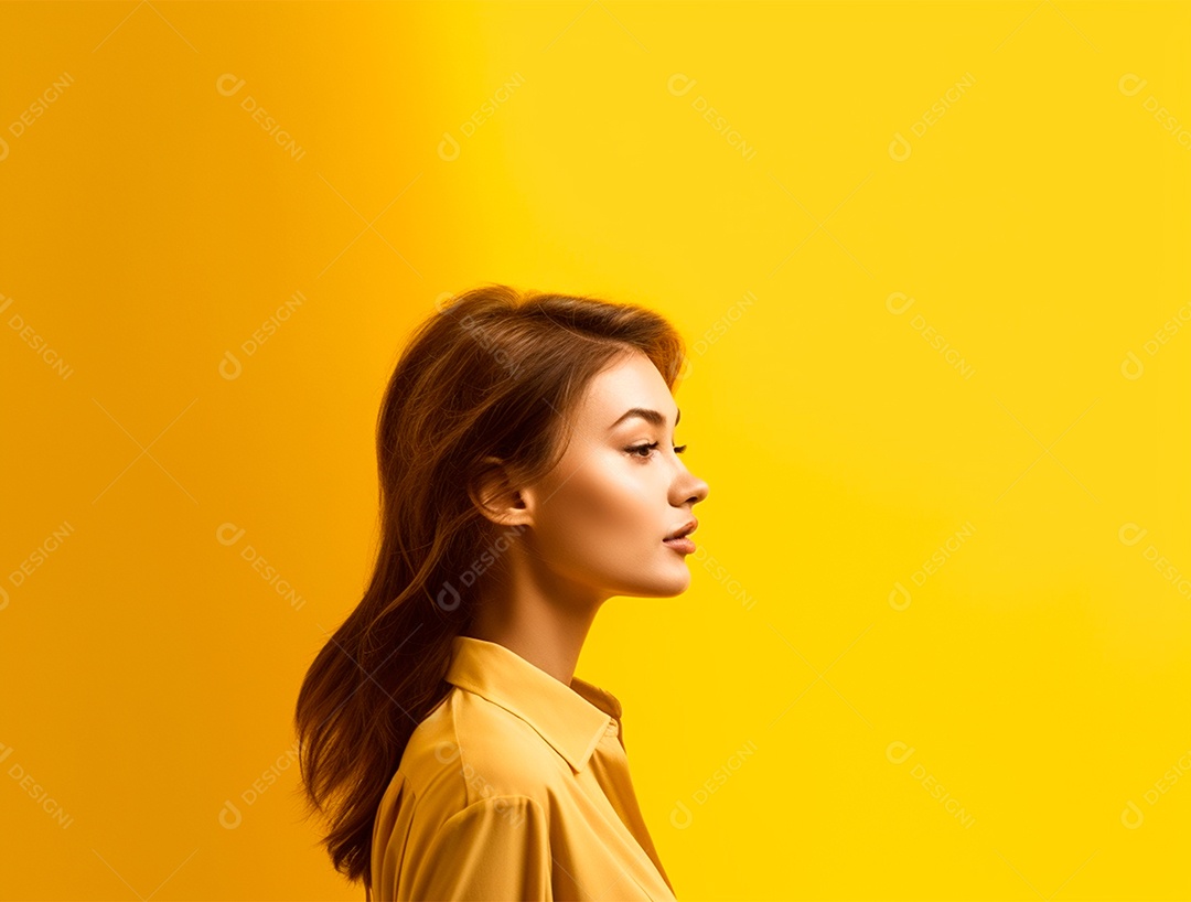 Perfil de mulher morena sobre um fundo isolado amarelo.