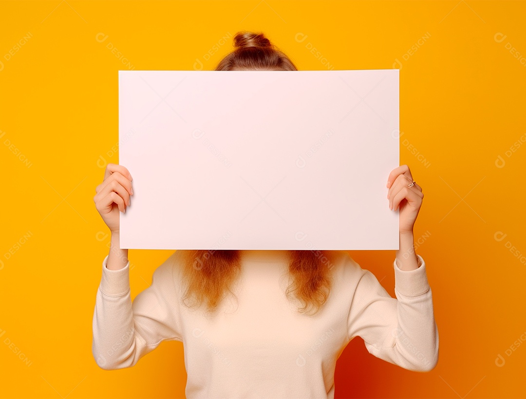 Pessoa segurando cartaz branco sobre um fundo amarelo.