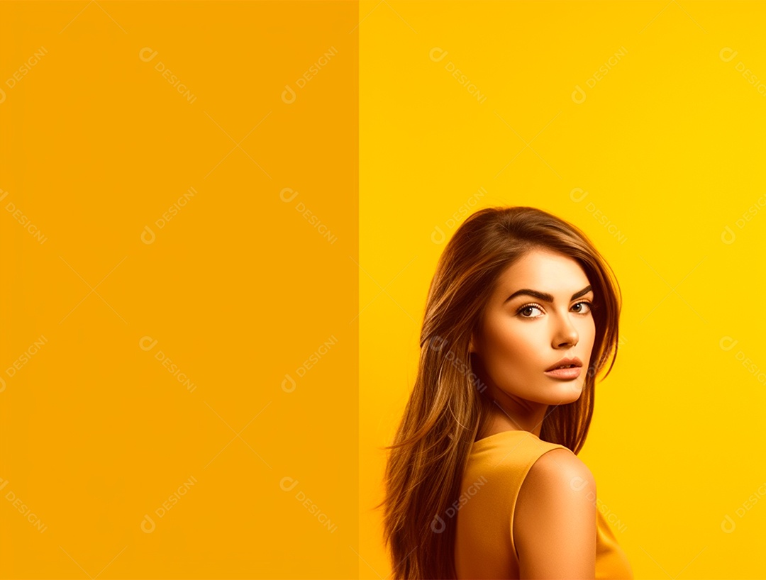 Linda mulher morena sobre um fundo isolado amarelo.