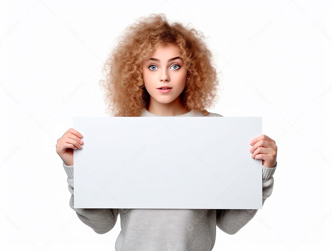 Mulher ruiva segurando um cartaz em  branco sobre fundo branco.