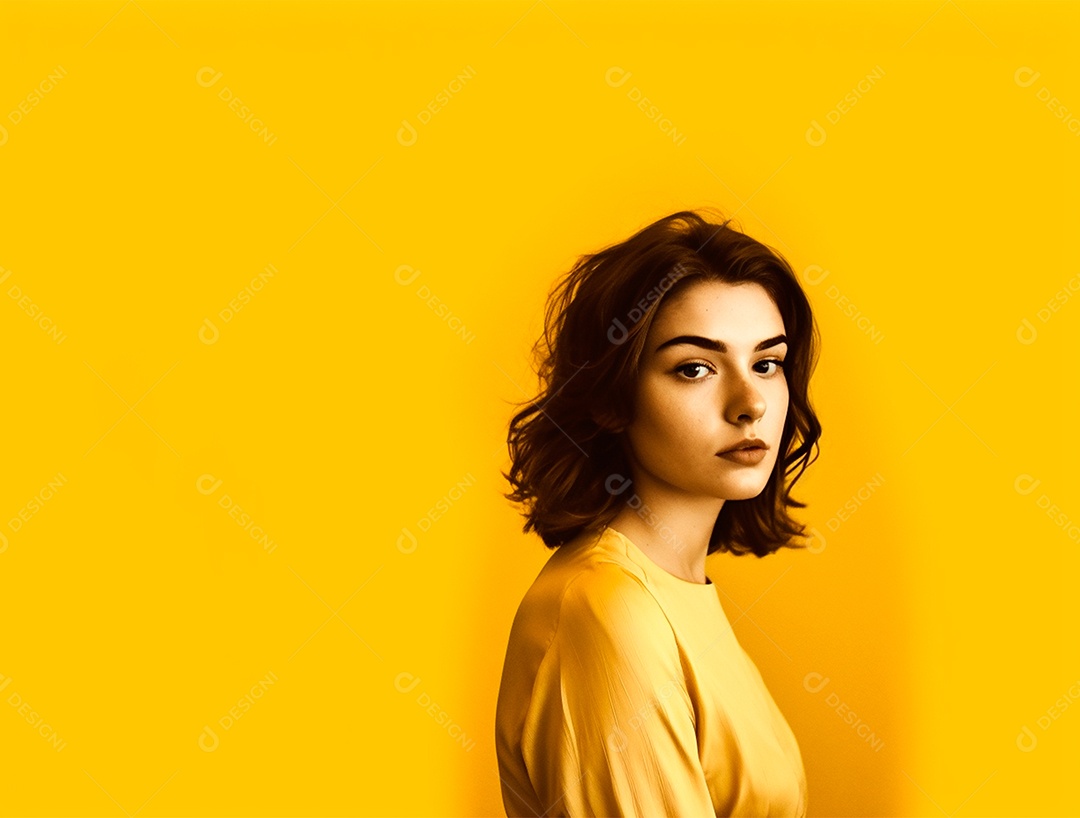 Mulher de cabelo curto sobre um fundo isolado amarelo.
