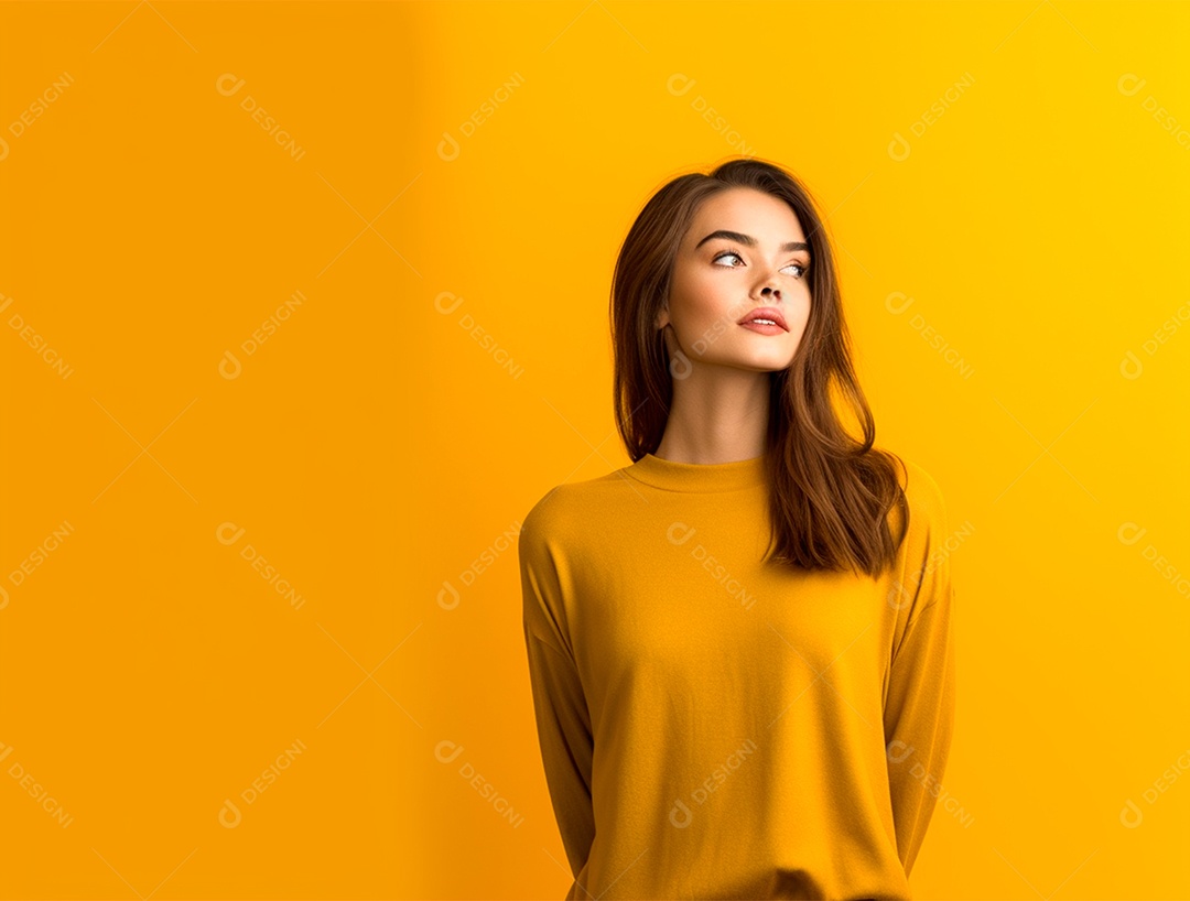 Linda mulher morena sobre um fundo isolado amarelo.