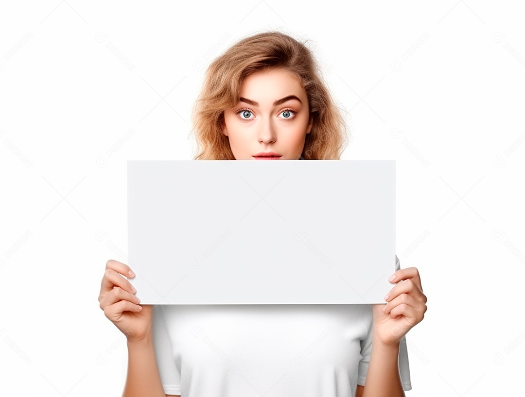 Mulher segurando cartaz sobre um fundo branco.