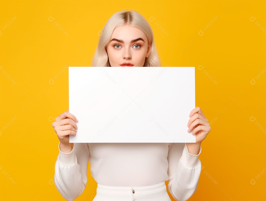 Mulher loira segurando cartaz em branco sobre um fundo amarelo.
