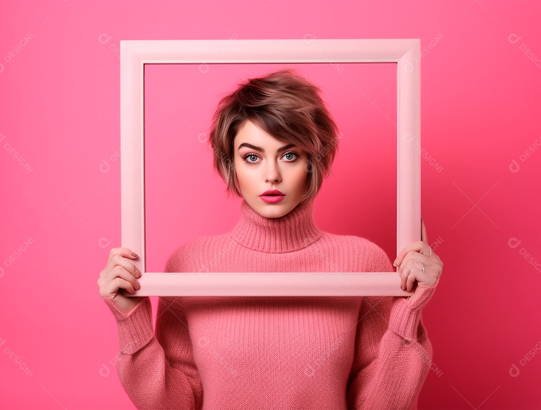 Mulher ruiva segurando moldurada sobre um fundo rosa.