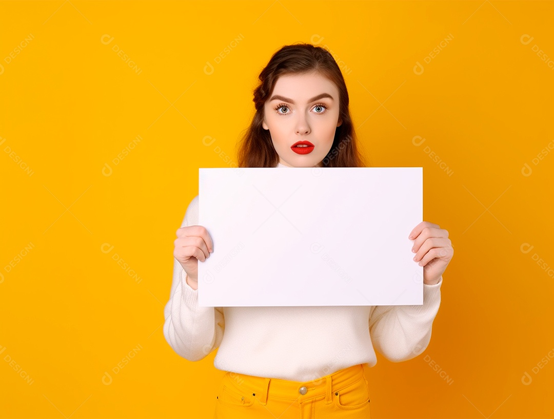 Mulher segurando cartaz em branco sobre um fundo amarelo.