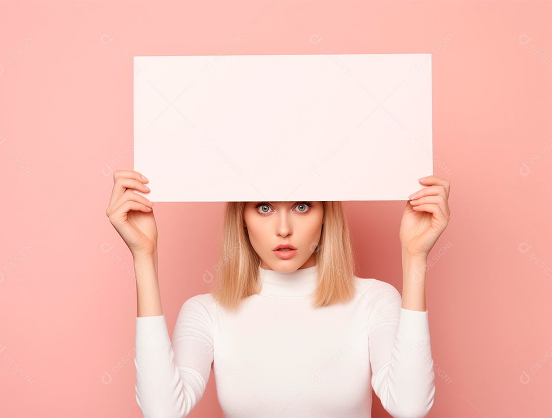 Mulher loira segurando cartaz sobre a cabeça fundo isolado rosa.