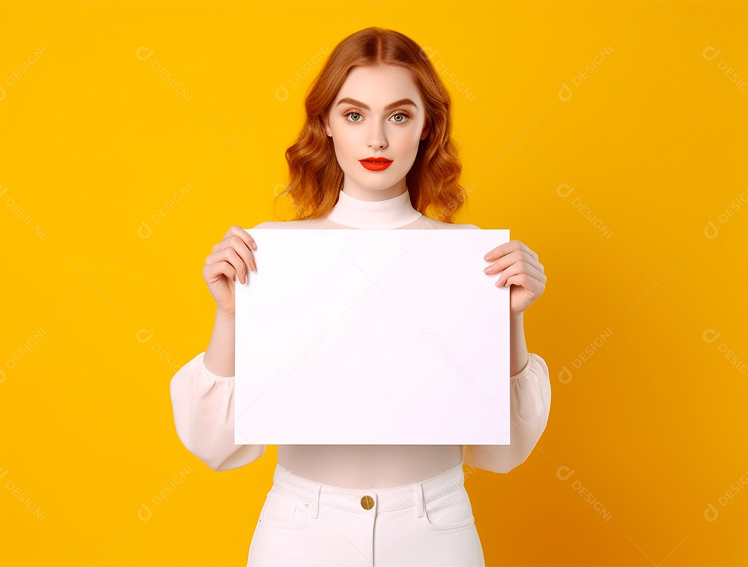 Mulher ruiva segurando um cartaz em  branco sobre fundo amarelo.
