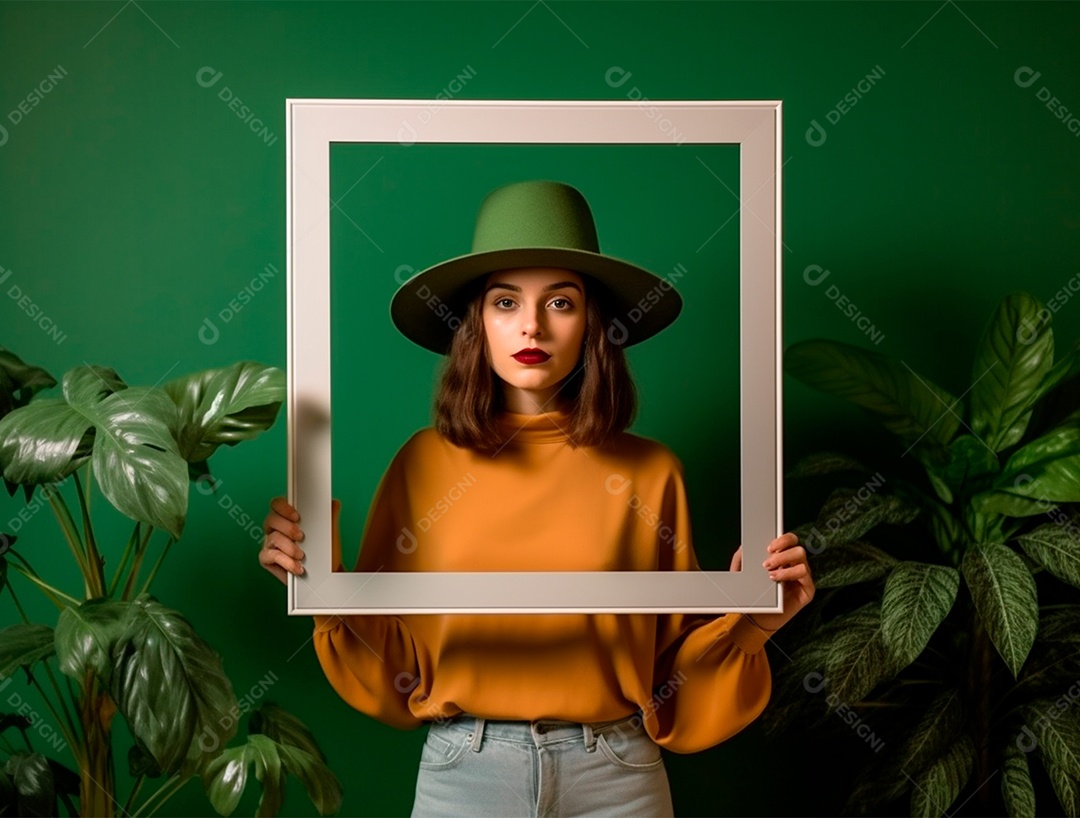 Mulher segurando moldurada sobre um fundo verde com plantas.
