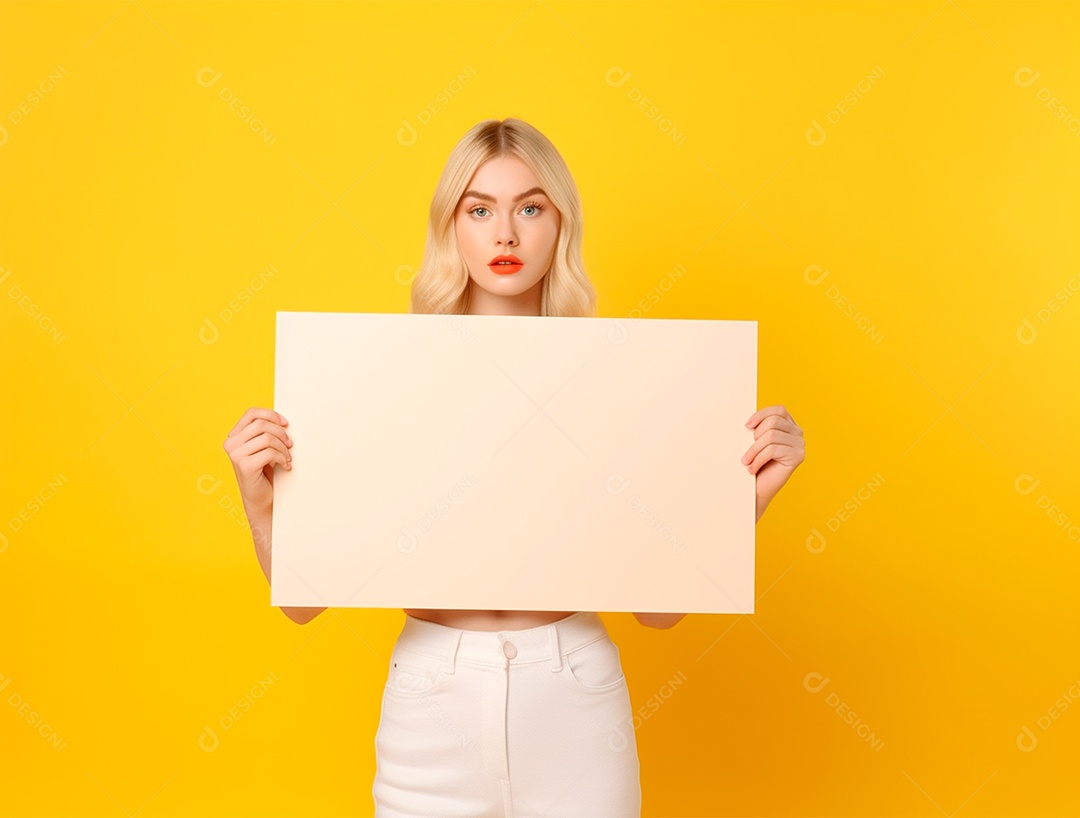 Mulher loira segurando cartaz em branco sobre um fundo amarelo.