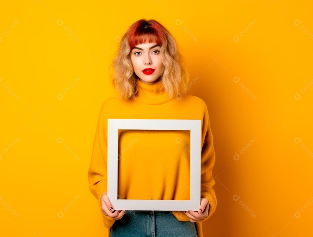 Mulher segurando moldurada sobre um fundo amarelo