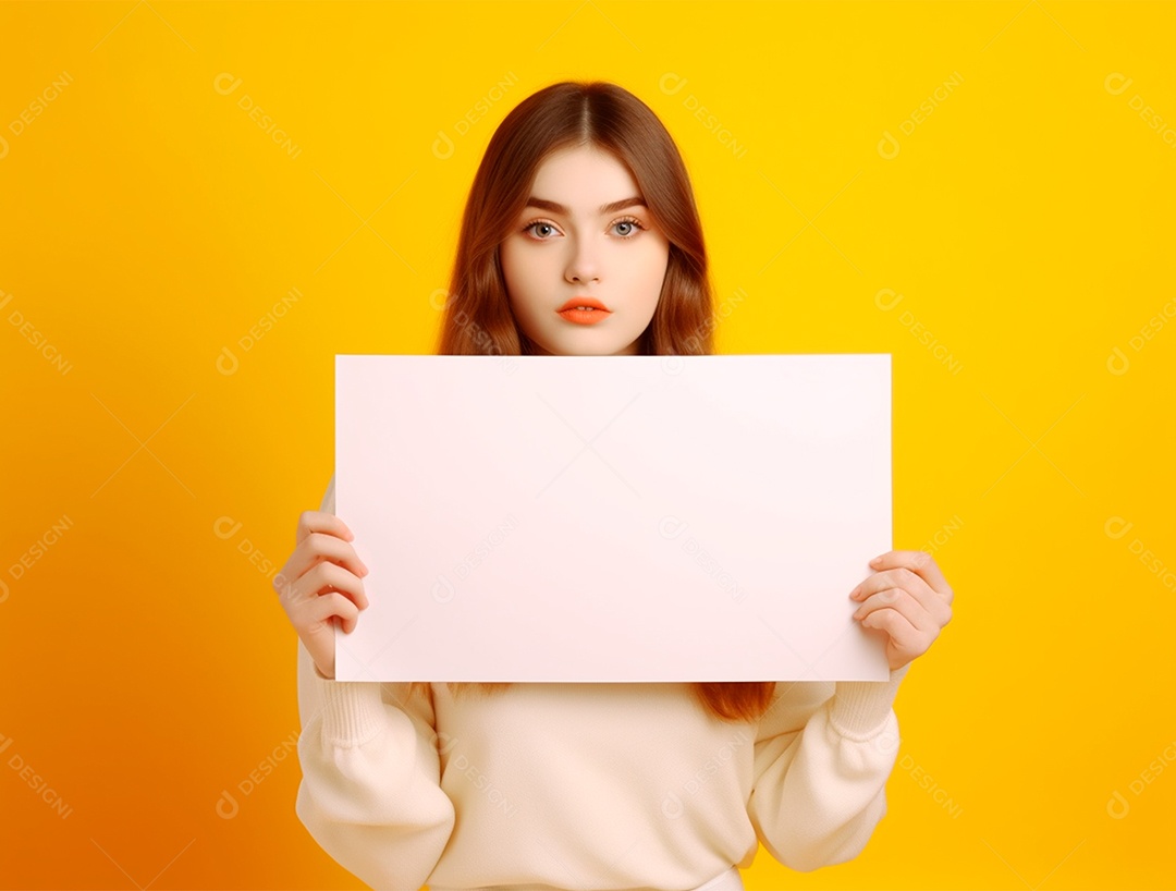 Mulher ruiva segurando um cartaz em  branco sobre fundo amarelo.
