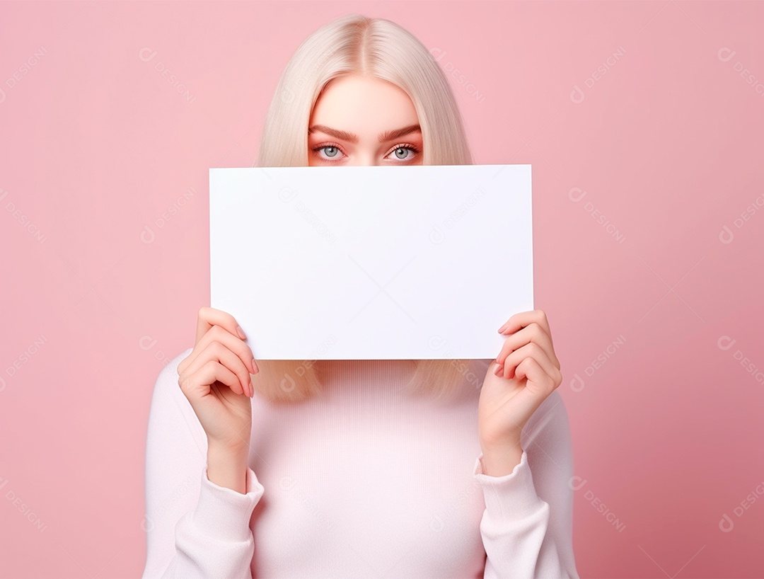 Mulher loira segurando cartaz em branco em fundo isolado rosa.