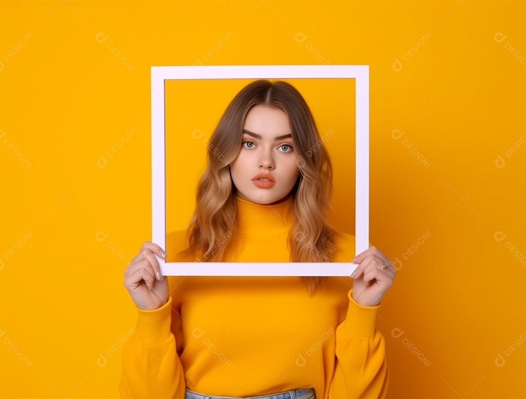Linda mulher segurando moldura sobre fundo amarelo.