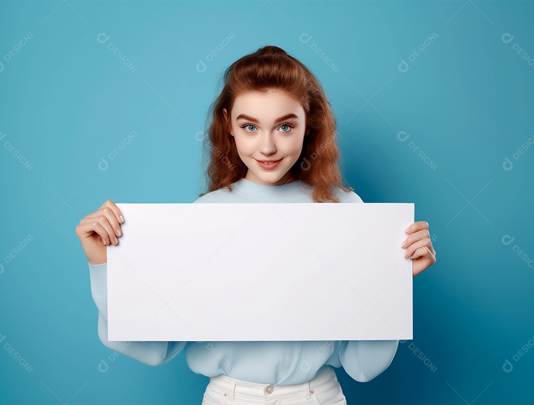 Mulher ruiva segurando cartaz em branco sobre fundo azul.