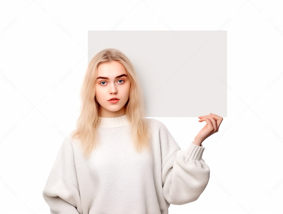 Mulher loira segurando cartaz em branco sobre um fundo branco.