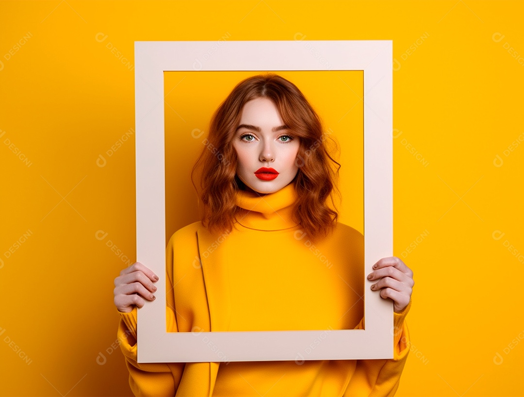 Mulher ruiva segurando moldurada sobre um fundo amarelo.