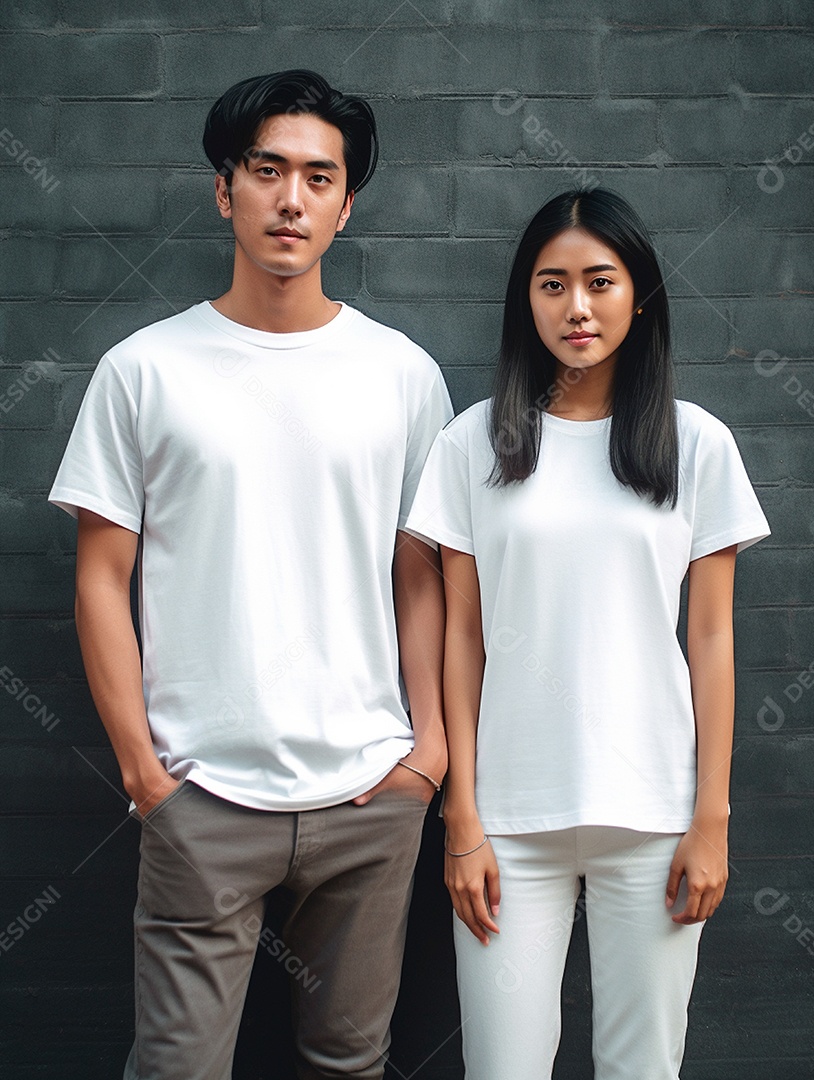 Homem e mulher usando camisas brancas sobre uma parede escura.