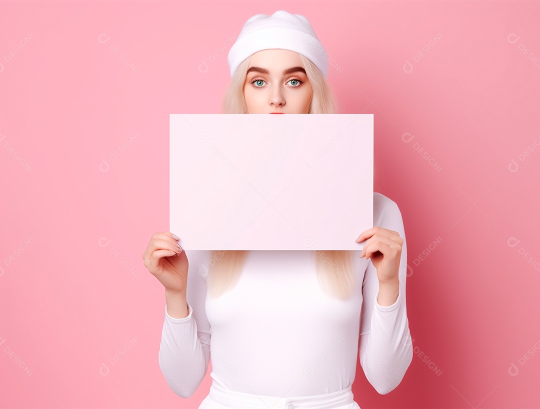 Mulher loira segurando cartaz em branco em fundo isolado rosa.