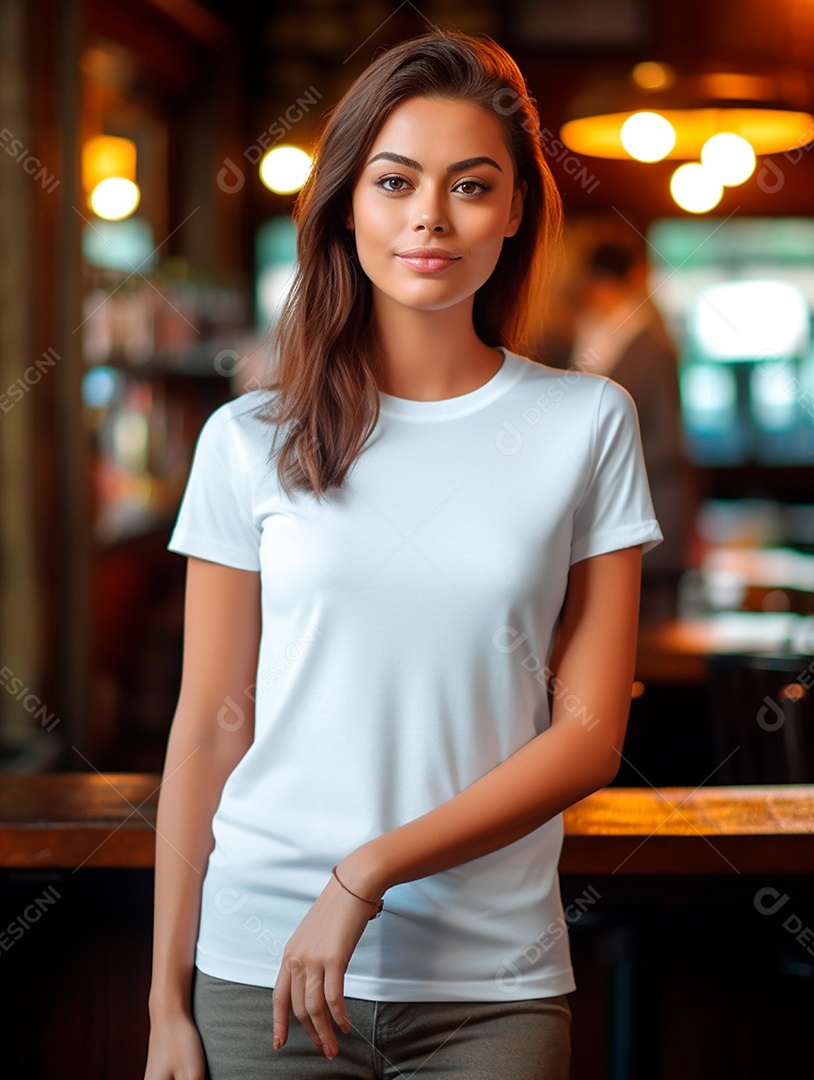 Linda mulher vestida com camiseta branca sobre um fundo desfocado.
