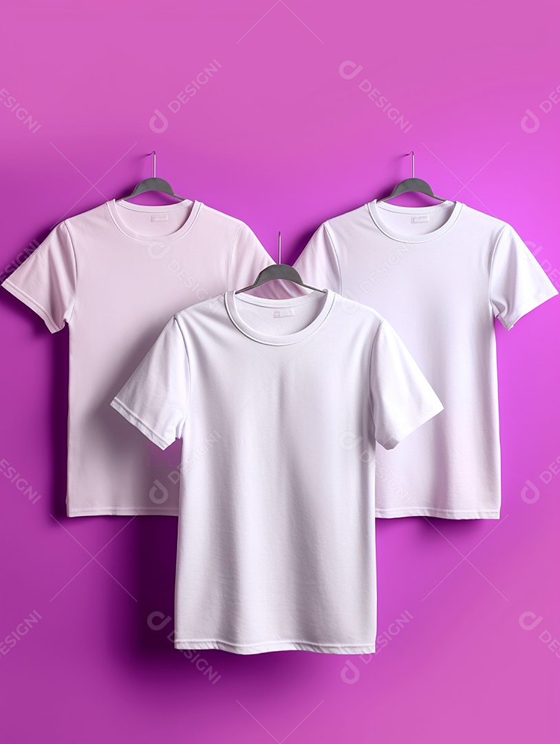 Camisas brancas penduradas com cabides sobre um fundo lilás.