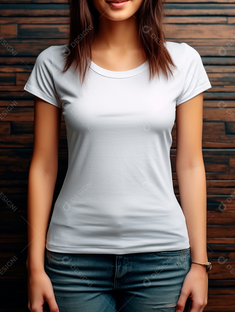 Pessoa usando camisa branca sobre um fundo de madeira.