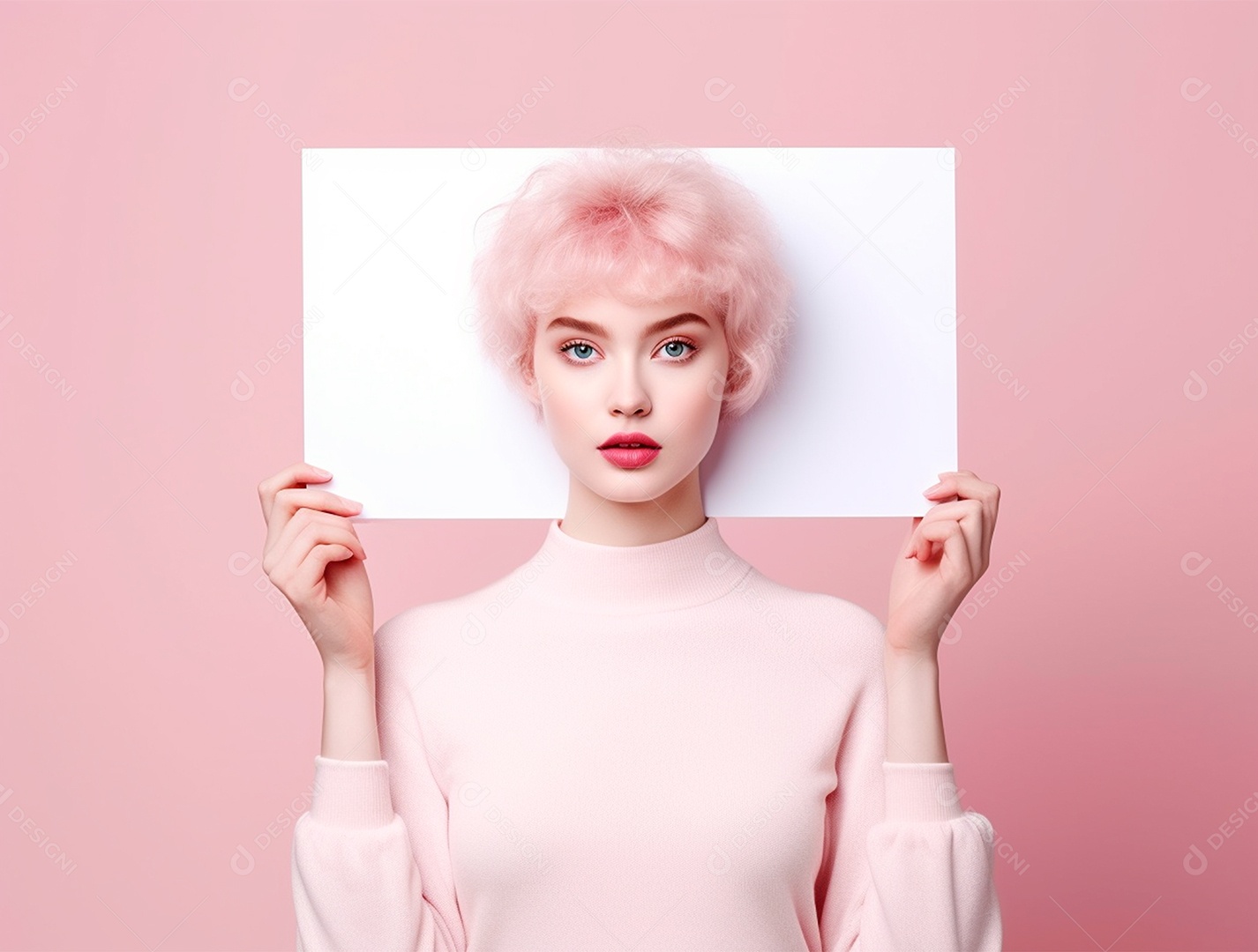 Mulher segurando cartaz em branco sobre um fundo rosa.