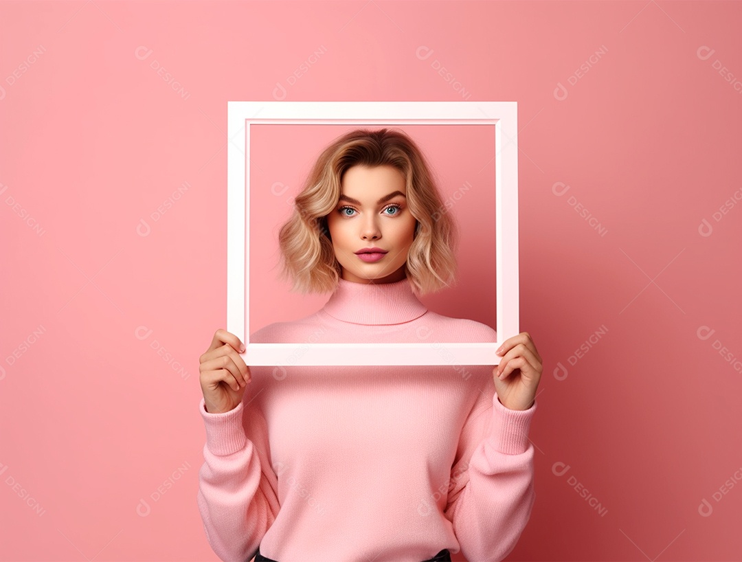 Mulher loira segurando moldura sobre um fundo rosa.