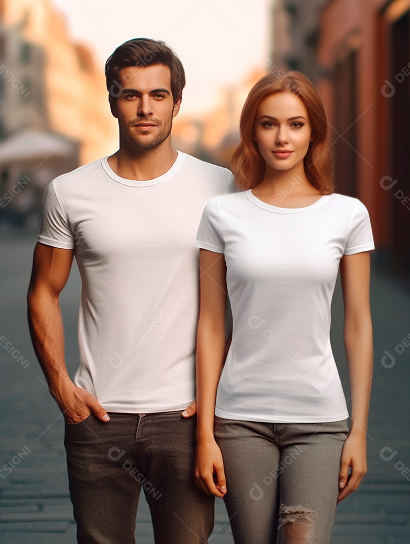 Homem e mulher usando camisas brancas sobre fundo desfocado.