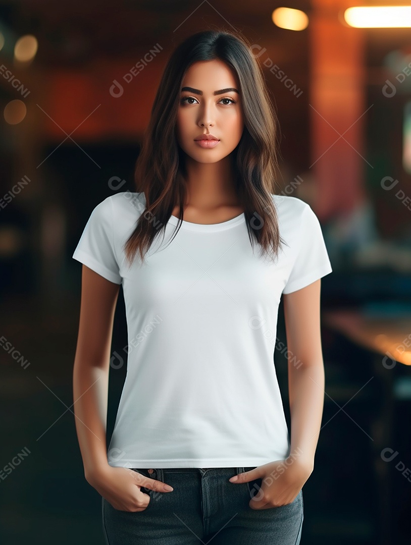 Mulher morena usando camisa branca sobre um fundo desfocado.