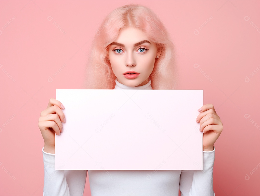 Mulher segurando cartaz em branco sobre um fundo rosa.