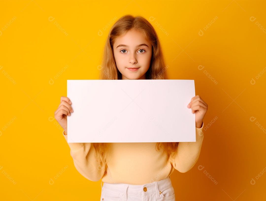 Menina segurando cartaz em branco sobre fundo isolado amarelo.