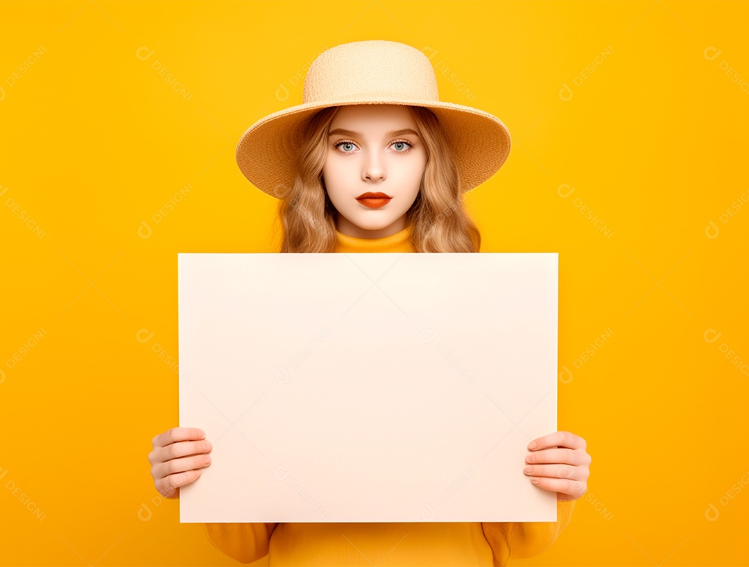 Mulher loira usando chapéu segurando cartaz em branco sobre um fundo isolado amarelo.