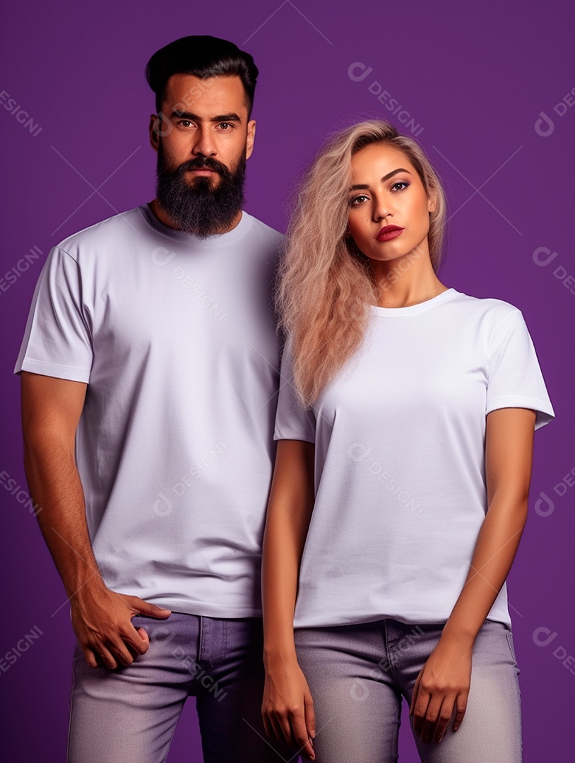 Homem e mulher usando camisa branca sobre fundo isolado lilás.