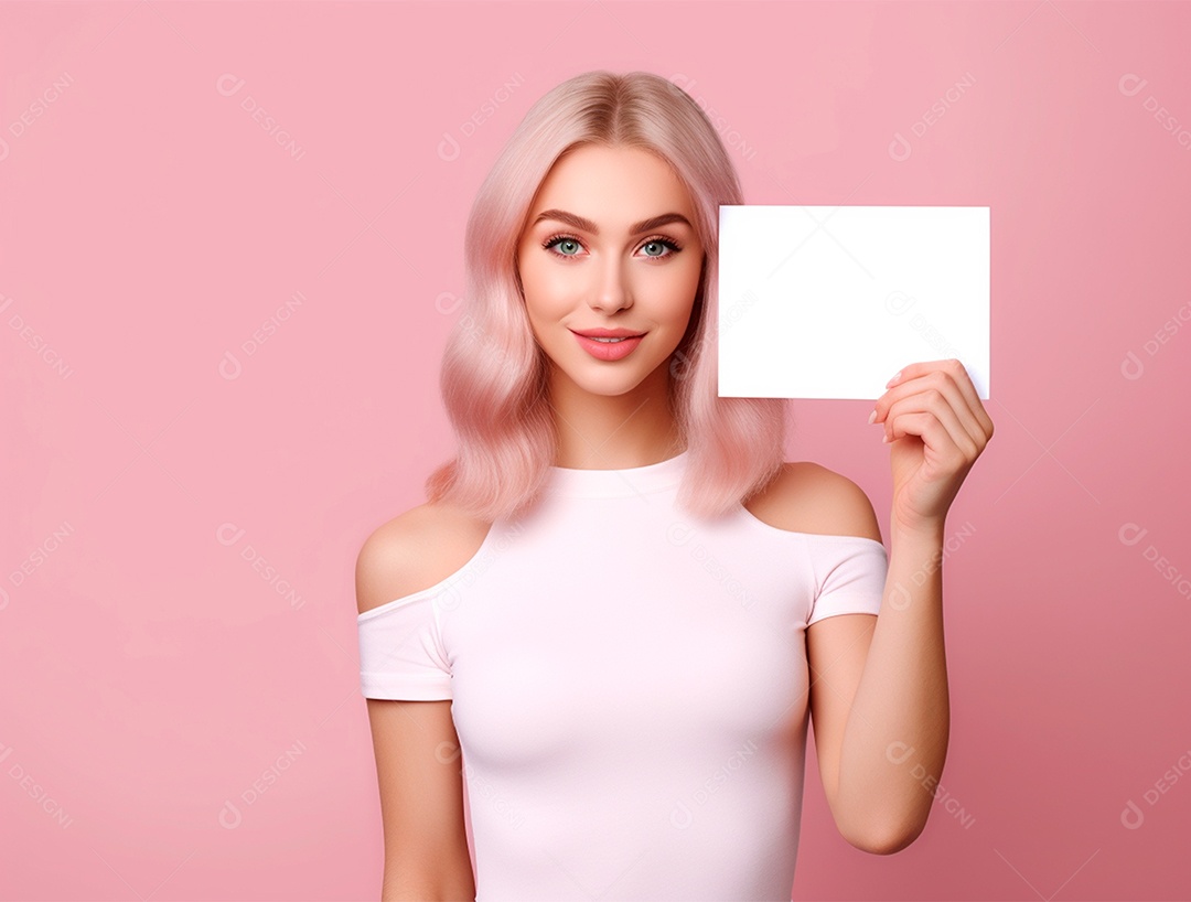 Mulher loira segurando cartaz em branco em fundo isolado rosa.