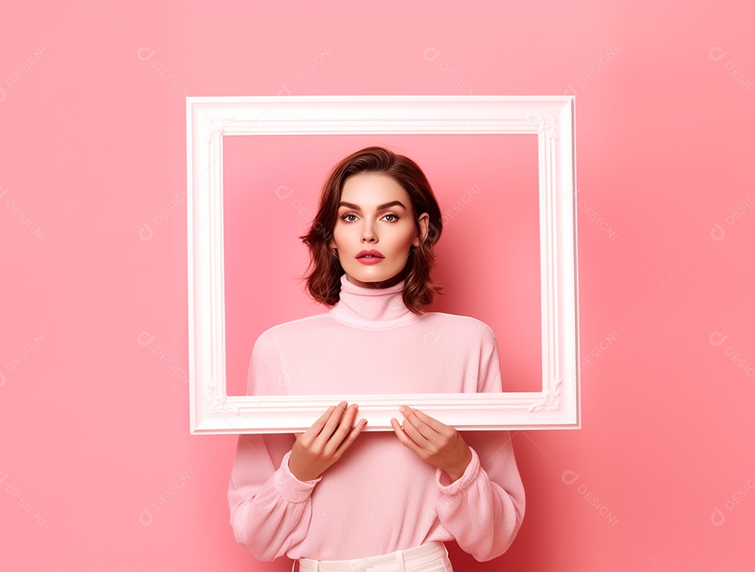 Mulher segurando moldura sobre fundo isolado rosa.