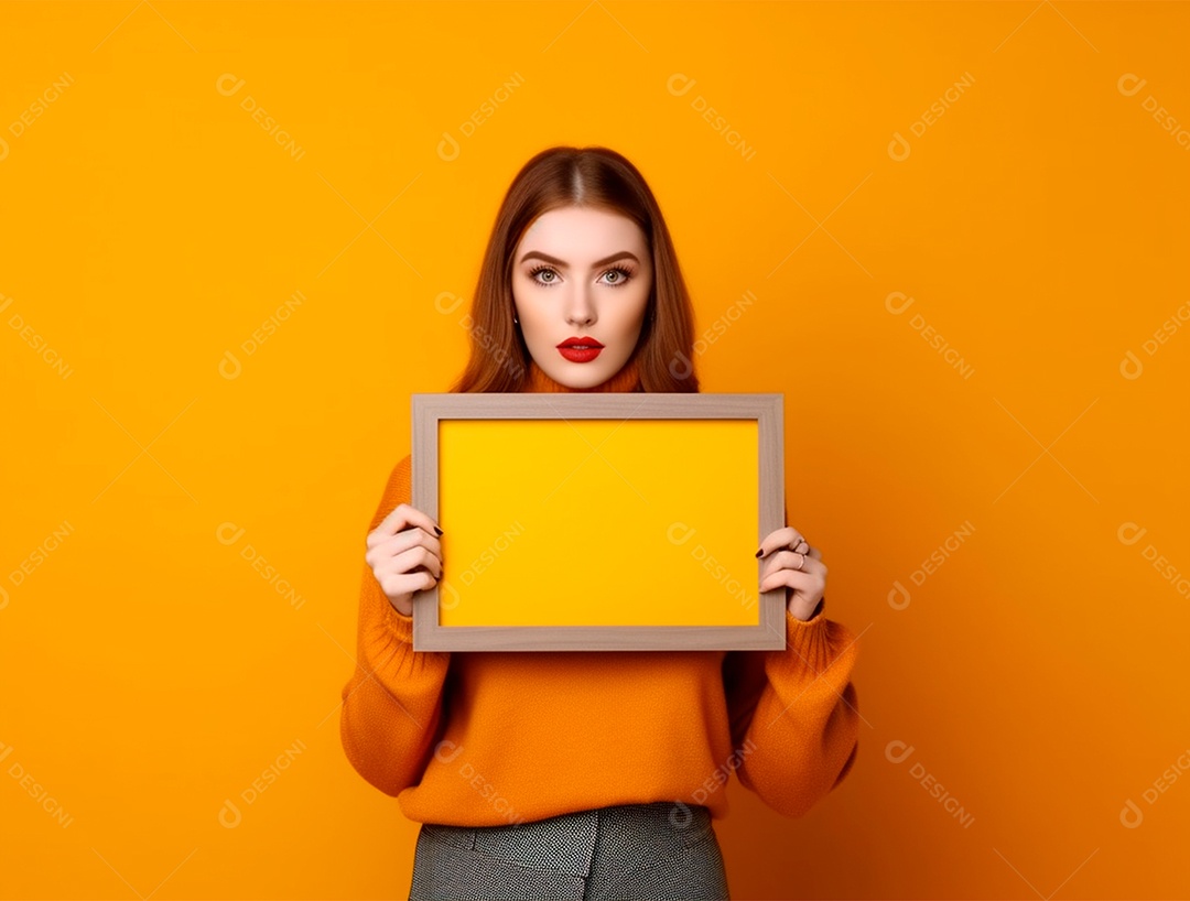 Mulher ruiva segurando pequeno quadro sobre um fundo isolado amarelo.