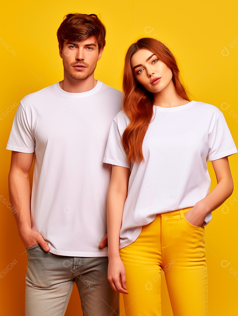 Homem e mulher ruivos usando camisa branca sobre fundo isolado amarelo.