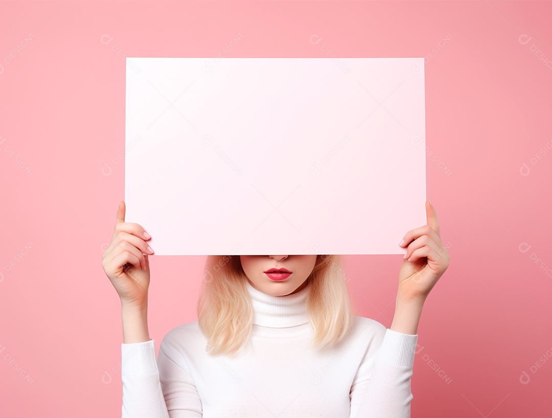 Mulher loira segurando cartaz em branco em fundo isolado rosa.