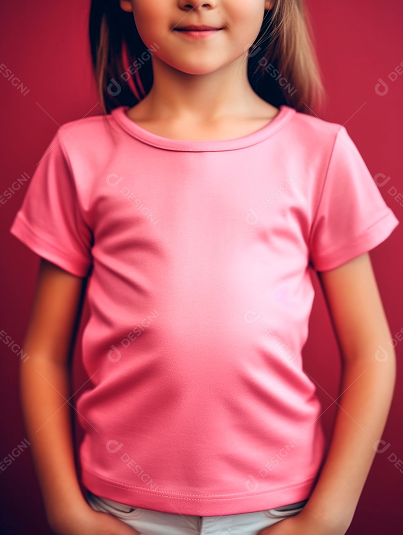 Criança usando blusa rosa sobre um fundo isolado vermelho.