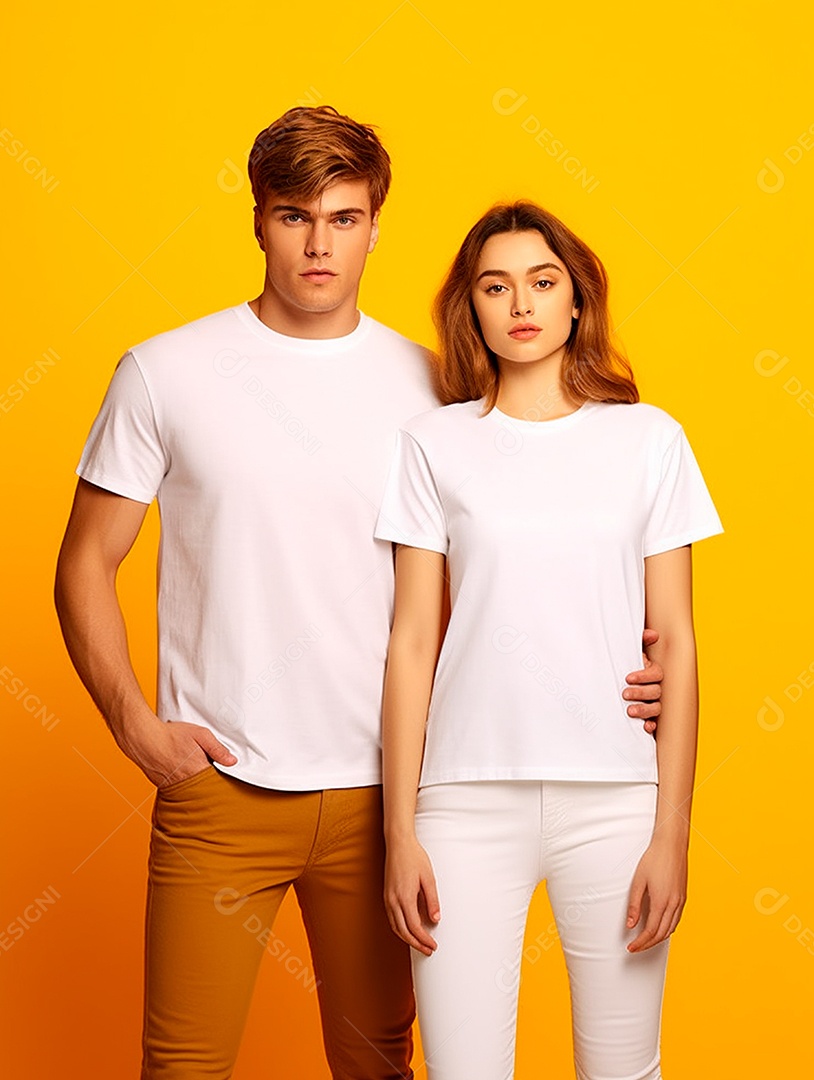 Homem e mulher usando camisa branca sobre fundo isolado amarelo.