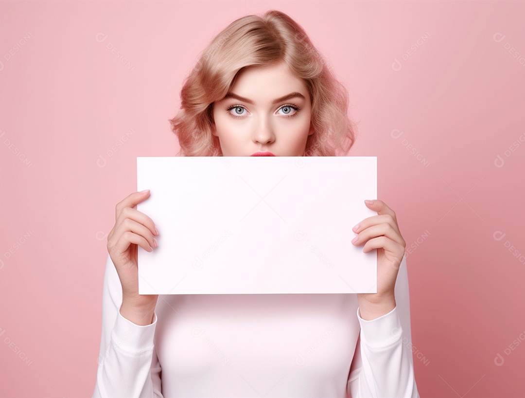 Mulher loira segurando cartaz em branco em fundo isolado rosa.