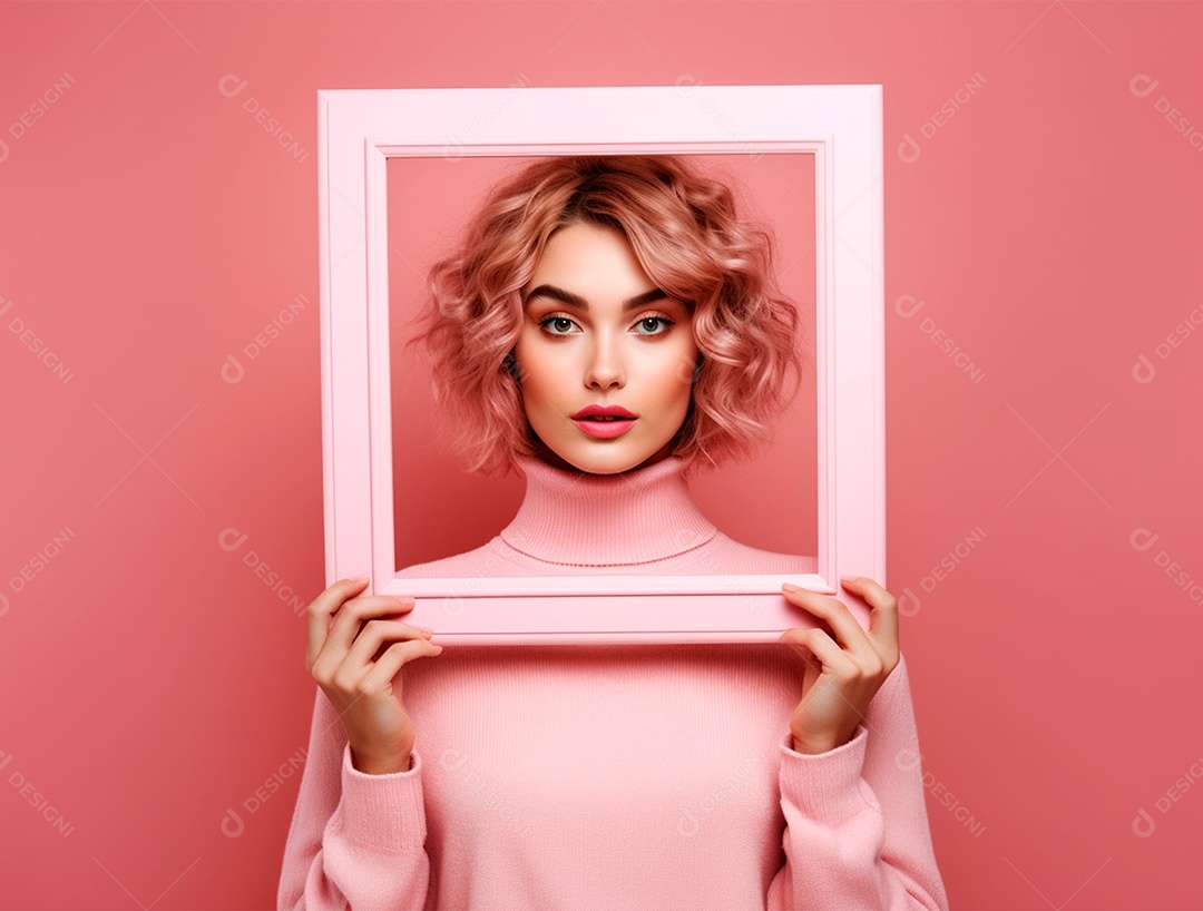 Mulher de cabelo curto segurando moldura em um fundo isolado rosa.