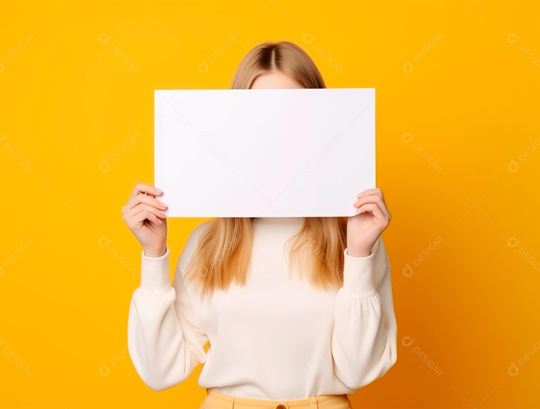 Mulher loira segurando sobre o rosto cartaz em branco sobre um fundo amarelo.