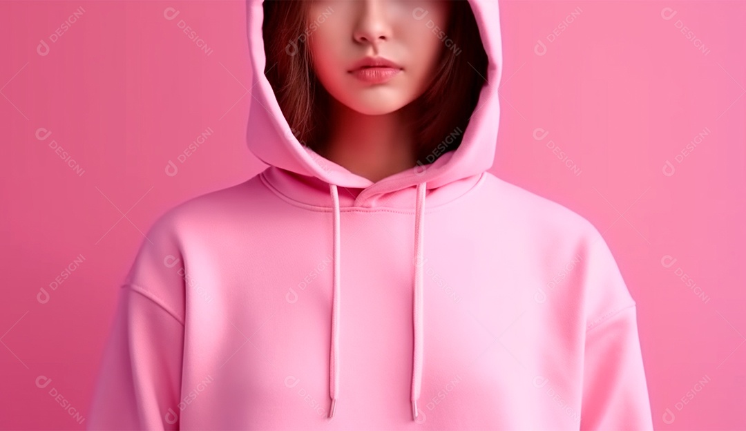 Pessoa usando moletom de capuz sobre fundo isolado rosa.
