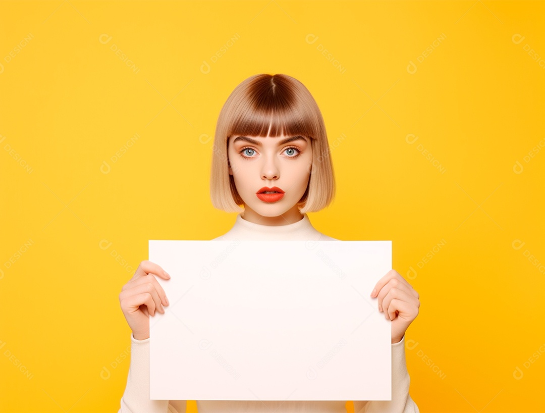 Mulher de cabelo curto segurando cartaz sobre fundo isolado amarelo.